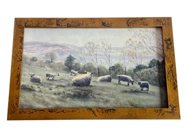 Framed Watercolor on Paper of Sheep Grazing