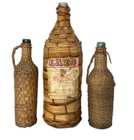 Three European, Greek Wicker Wrapped Wine Bottles