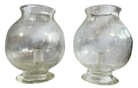 A Pair of Etched Glass Hurricane Vases