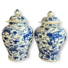 A Pair of Blue and White Porcelain Asian Urns