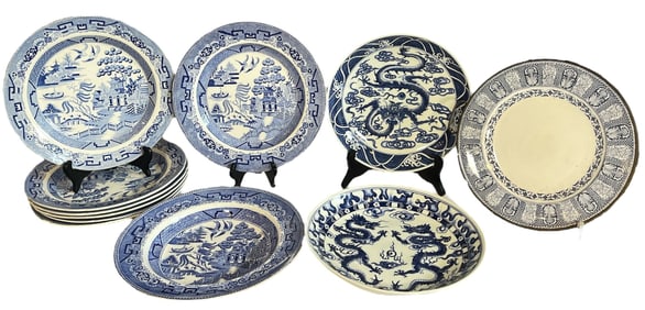 A Large Collection of Blue and White Asian Bowls and Plates