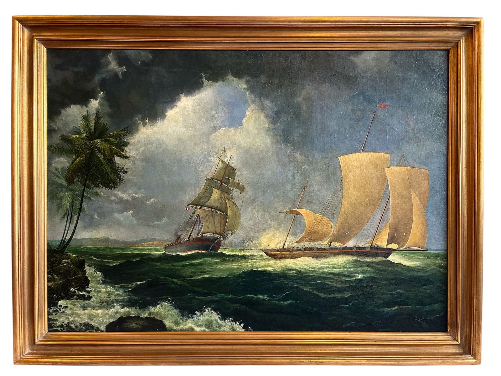 Contemporary Maritime Oil On Board French Sailing Ships St Barts: 28" x 38" in the frame.
