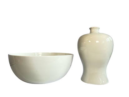 Two Monumental Italian Porcelain Centerpieces: Includes a large bowl, marked made in Italy that measure 7" H x 17" DIA, and a vase that measures 14" H x 9" overall DIA. Due to the size of these pieces, they will ship in two separate boxes, shipped