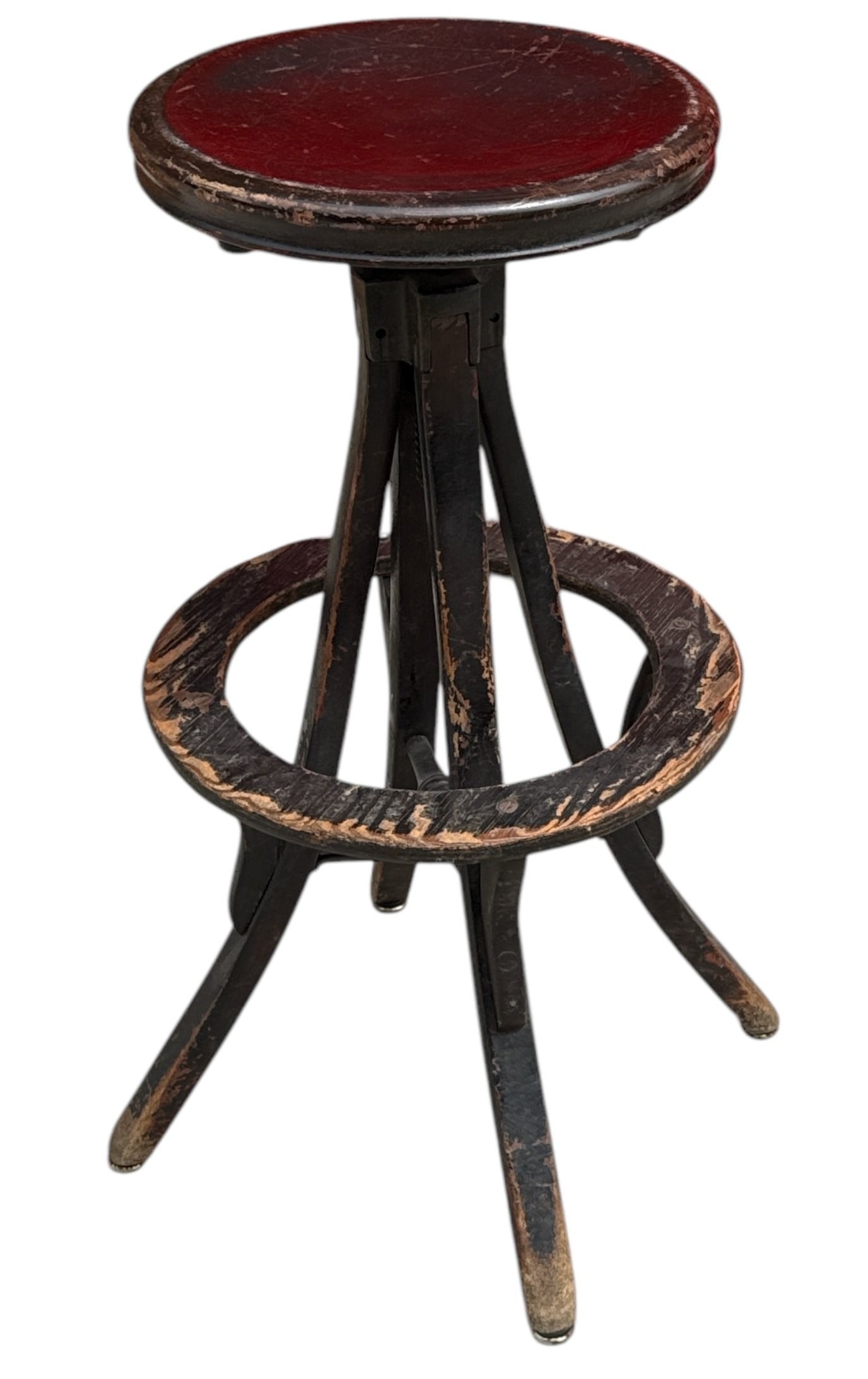 Early Americana Oak Machinist / Drafting Stool: Measures 31" H x 14" DIA at the seat x 16" DIA at the widest.