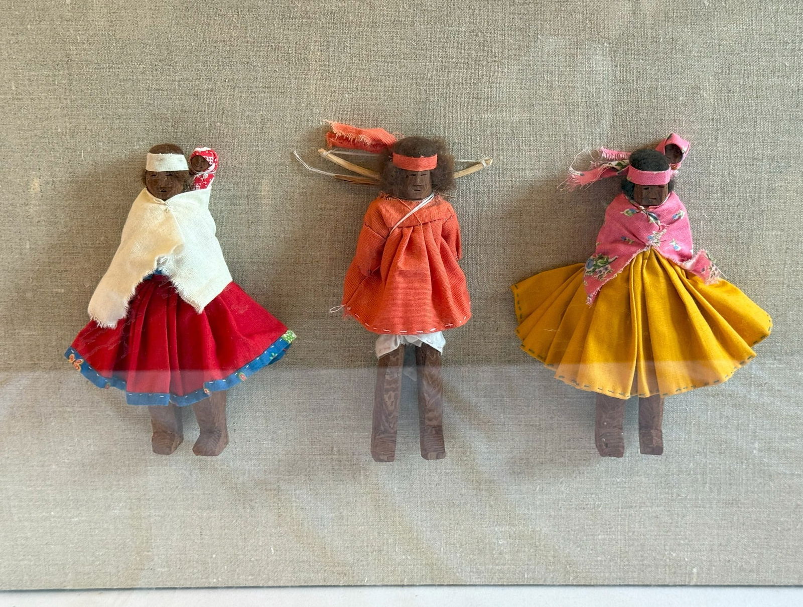 Three Framed Mexican Folk Art Dolls: 15.5" H x 21.5" W x 4"D.