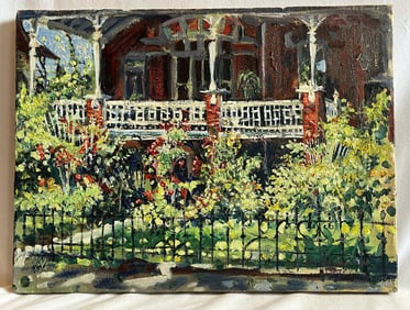 A 1987 Signed Oil on Canvas Impressionist Porch Scene