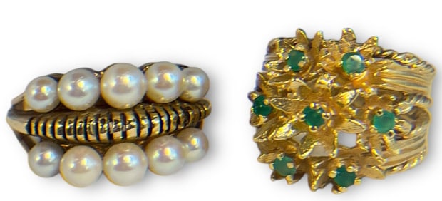 Two Pearl and Emerald Rings, 14k & 10k Gold