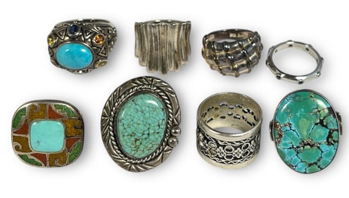 An Assortment of Sterling Silver, Turquoise, and Gemstone Rings