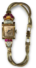 An Art Deco 14k Gold, Diamond, and Ruby Watch
