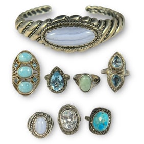 A Collection of Sterling Silver Gemstone Rings and Bracelet