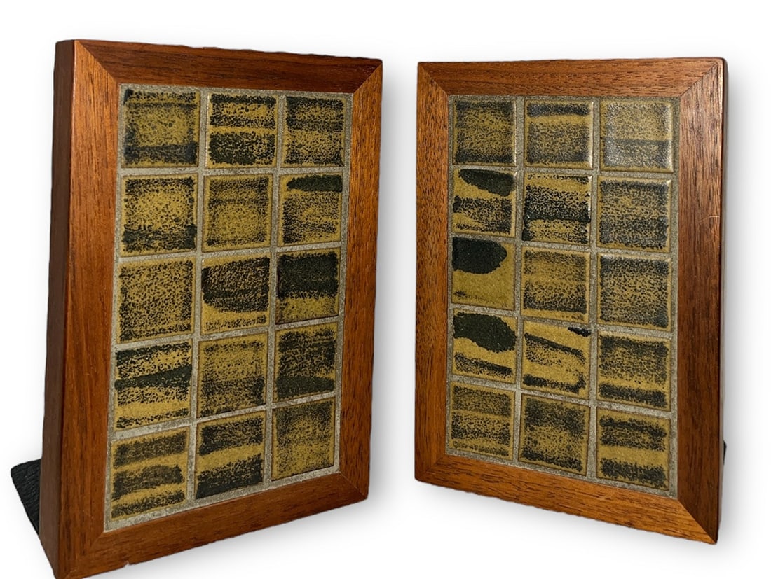 Jane and Gordon MARTZ For MARSHALL STUDIOS Bookends: Both measure 7.75" H x 5.25" W x 4.5" D. Walnut and ceramic tile inlay. Do not retain label.
