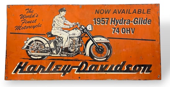 A Vintage HARLEY DAVIDSON 1957 Hydra-Glide Advertisement Sign