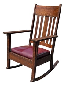 Mission Oak Arts & Crafts Oxblood Red Cushion Rocking Chair