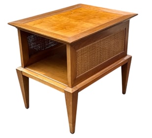 Mid Century Cherry Walnut & Rattan End Table