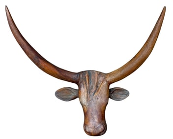 Mid Century Signed Western Folk Art Longhorn Steer Head, Moves