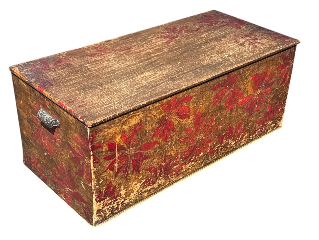 Arts & Crafts Rare Pyrography Trunk Blanket Chest: 14.5H, 36" L x 17"D, the pyrograph extends into the inside with a basketweave pattern and a grain pattern, exceptional