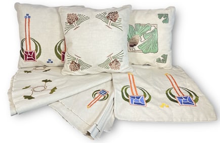 A Collection of Vintage Mission Arts & Crafts Pillows and Table Linens