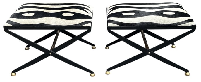 Faux Zebra Skin & Wrought Iron Campaign X Benches, Pair