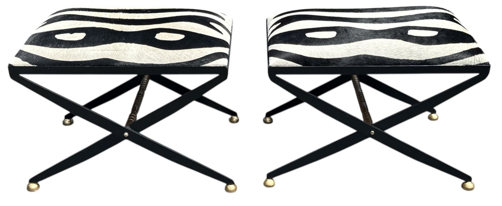 Faux Zebra Skin & Wrought Iron Campaign X Benches, Pair (1 of 4)
