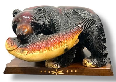 Carved Wooden Bear Catching Fish Statue