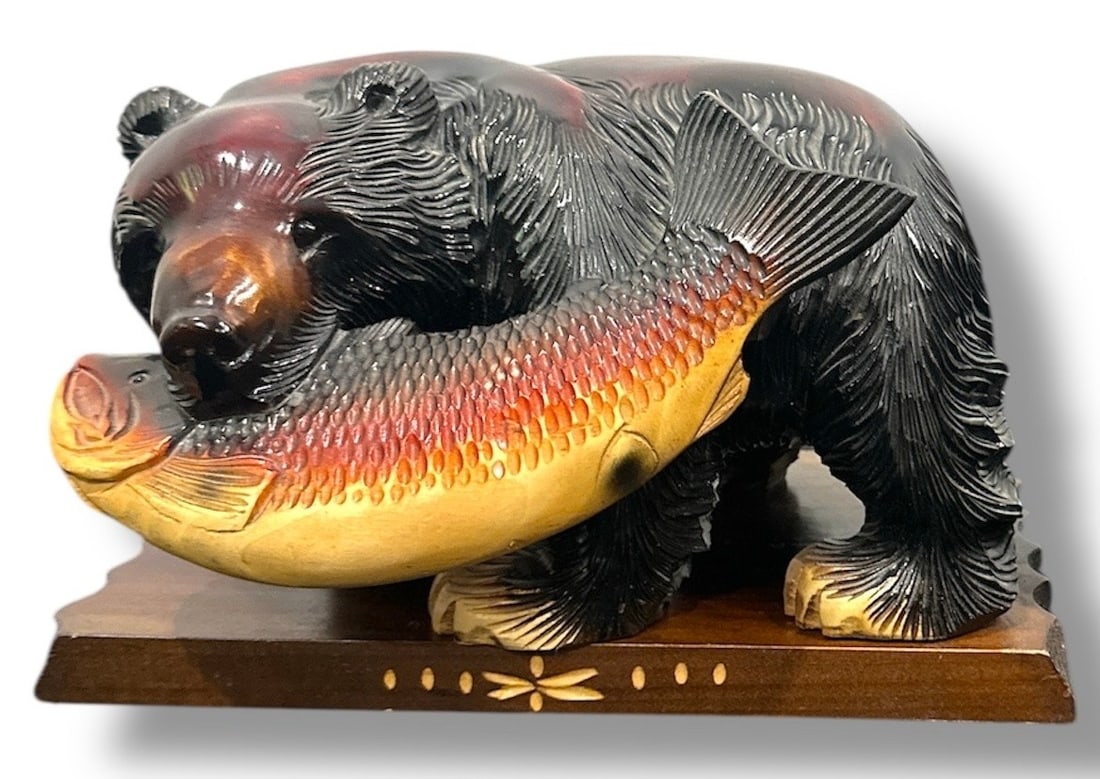 Carved Wooden Bear Catching Fish Statue (1 of 6)