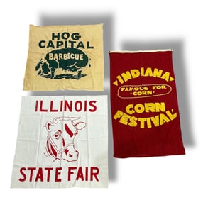 Vintage Advertising Flags, Indiana Corn, Barbeque, Illinois State Fair