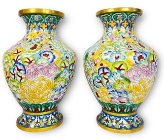 Pair Chinese Brass & Enamel Vases