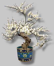 Chinese Hardstone Cherry Blossom Tree in Cloisonne Vase, Large