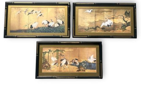 Three Japanese Crane Prints in Frame After SUZUKI KIITSU