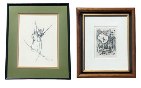 A Japanese Woodblock Print & Mid Century Pencil Sketch of a Mouse