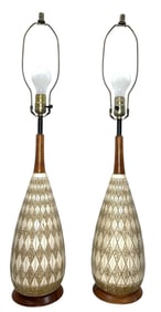 Pair Mid Century Ceramic & Teak Lamps