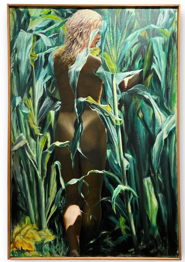 BERNARD WIDEN (1920-2017) Nude Woman in Cornfield: 36.5" x 24.5" x 1" D. Dated 1992 and signed in lower corner.