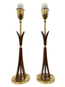 Mid Century Teak and Brass Table Lamps, Pair