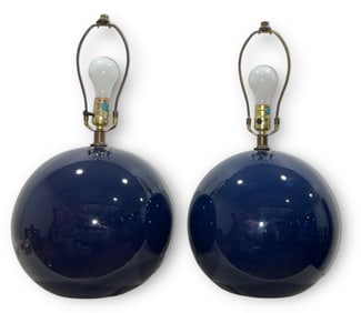 Mid Century Blue Globe Lamps, Pair