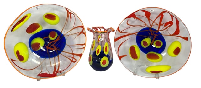Collection HUT PRINC Bohemian Art Glass Trays and Vase