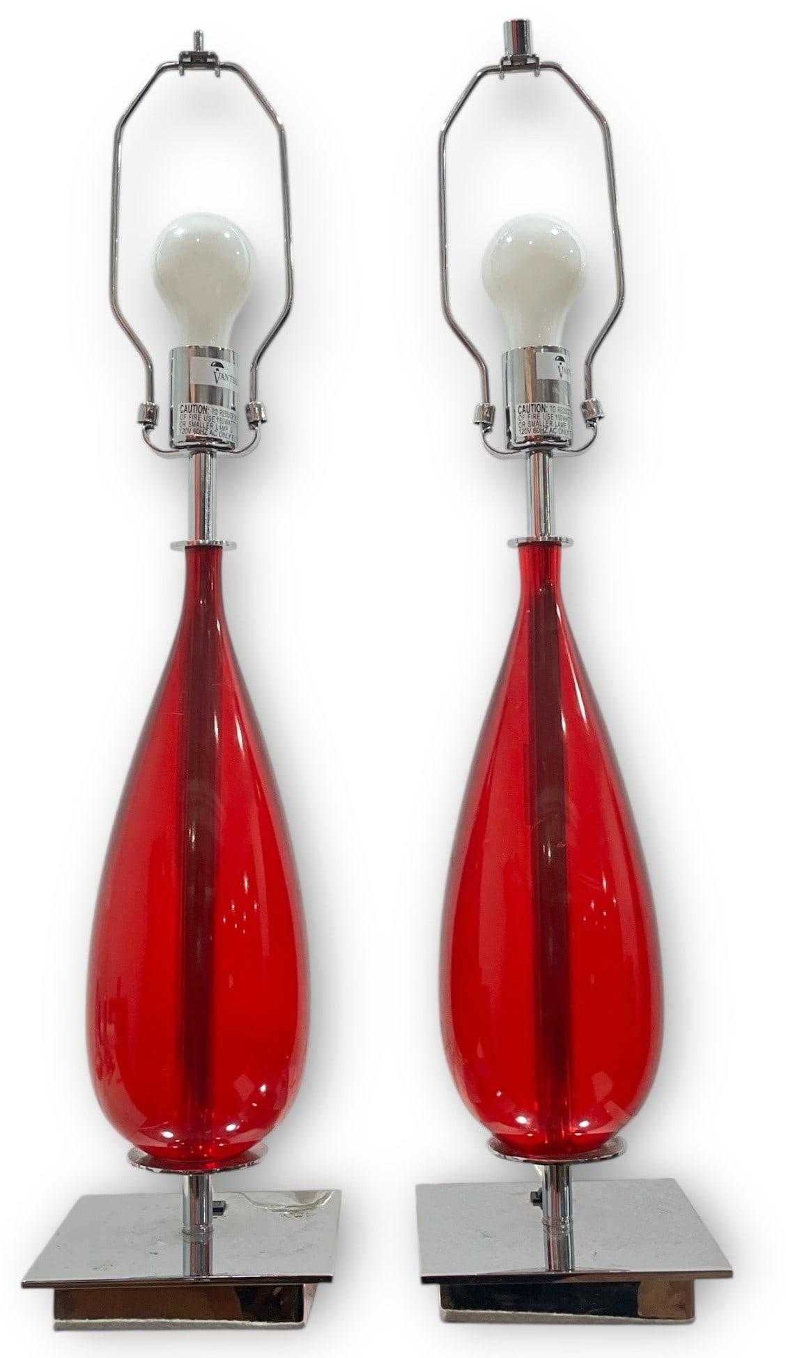 Pair of Red VAN TEAL Lucite & Chrome Lamps: 27.5" H to finial x 6" W x 6" D at base. Both retain Van Teal sticker label.
