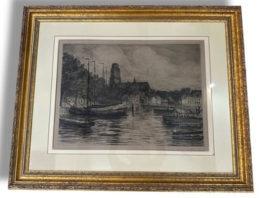 Framed Lithograph Circa 1900 Dutch Harbor Scene