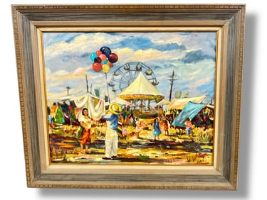 Mid Century Oil On Canvas Spanish Carnival Scene