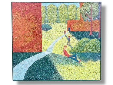 Mid Century Pointillism On Canvas Painting, Mirroring the Style of GEORGES SEURAT
