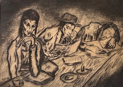 An Ink on Paper Etching of Three Men Working