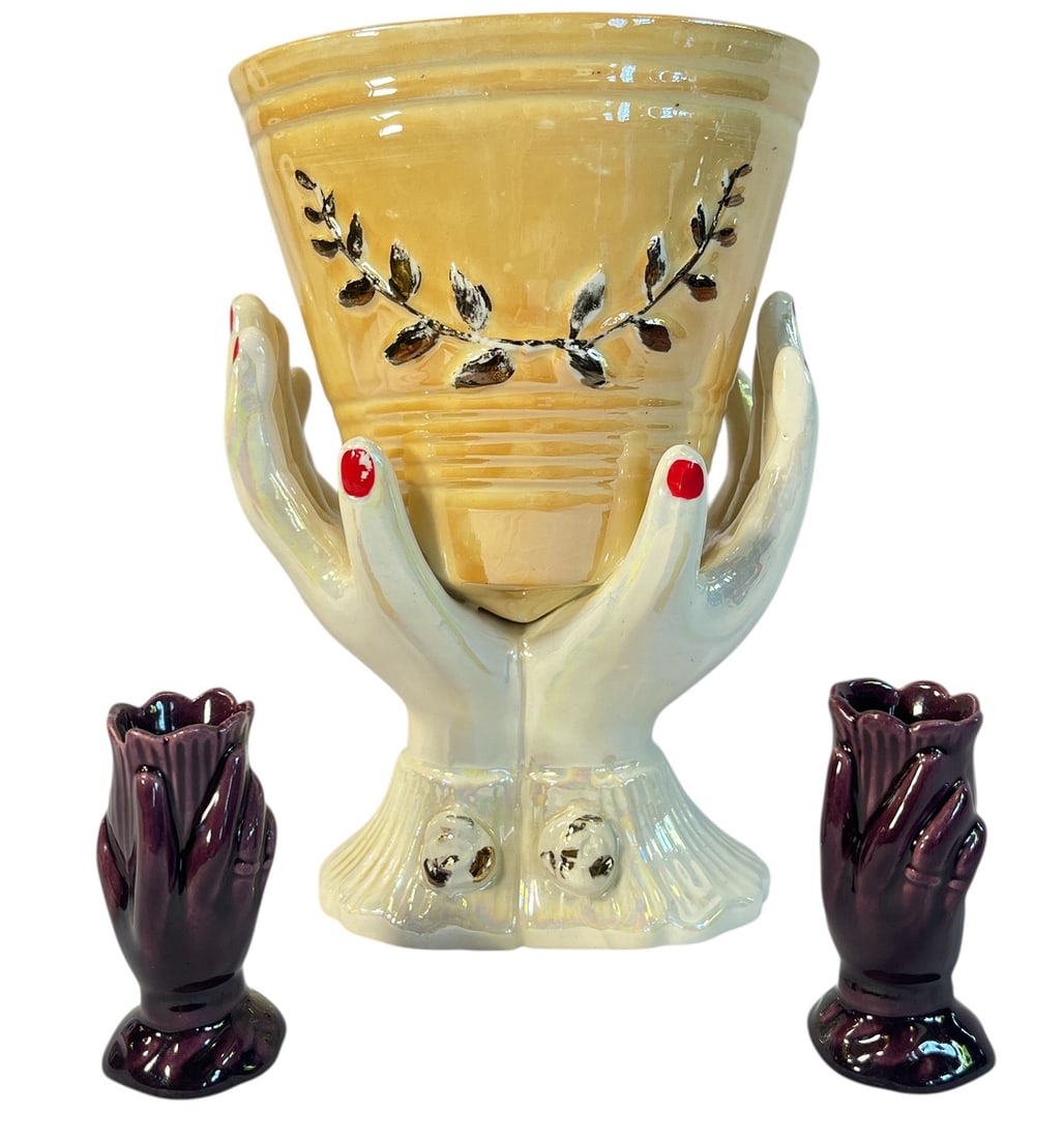 Three Porcelain Hand Sculpture Vases: Larger hand measures 8.25" H x 5.5' W x 4.25" D. Two small toothpick holders measure 3.75" H x 1" DIA.