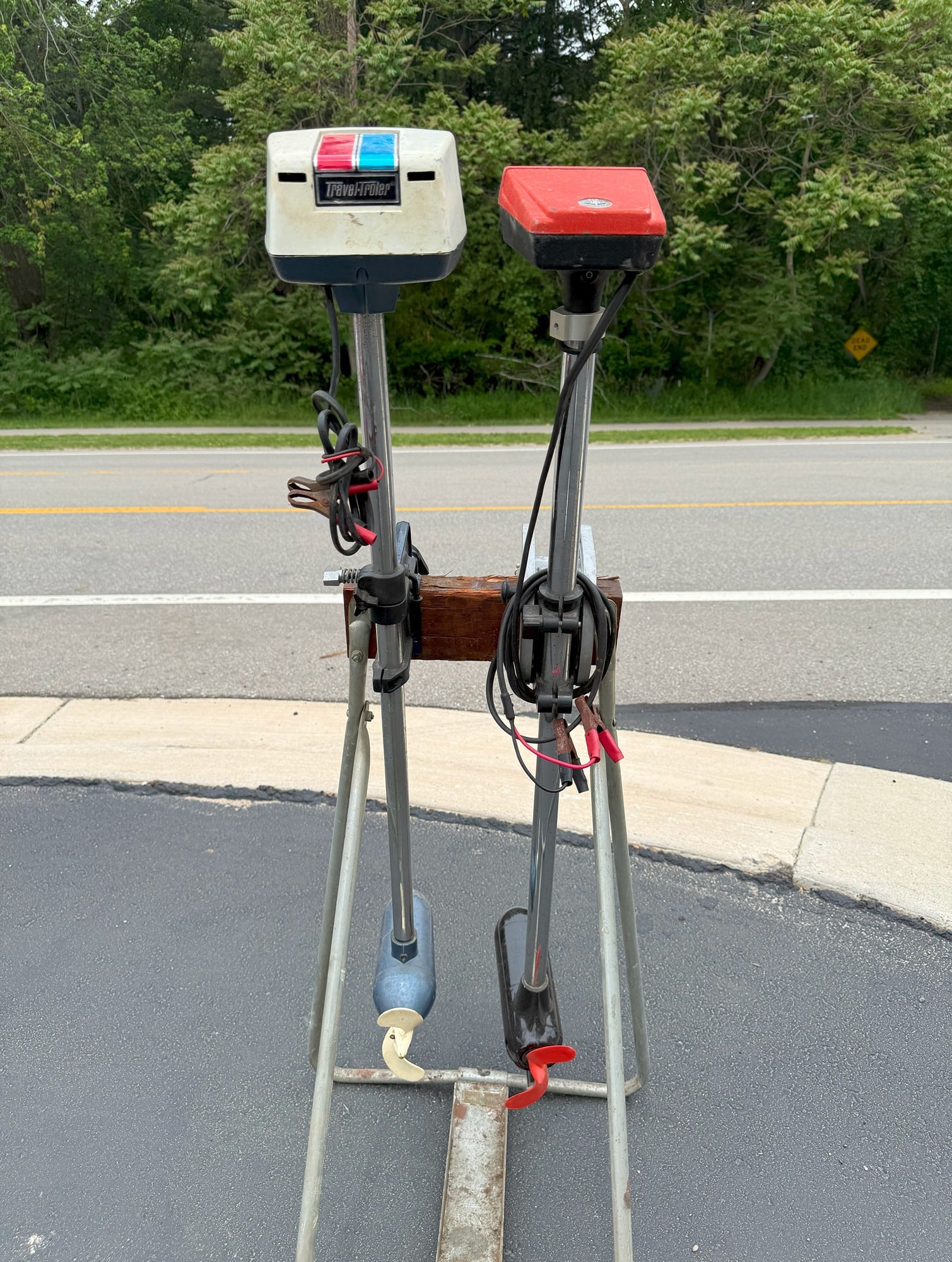 2 Vintage Trolling Boat Motors, SHAKESPEARE, ESKA: Shakespeare "Wonder Troll" 43" H x 5.5" W x 12" D. Eska "Travel-Troller" 41" H x 6" W x 9.5" D C. 1960's/1970's.