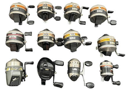 ZEBCO Spincast Fishing Reels 12 Pcs.: Includes various models-Bullet .22, Prostaff, 33 Micro, Omega, Etc... Avg. size 4" x 4" x 3"