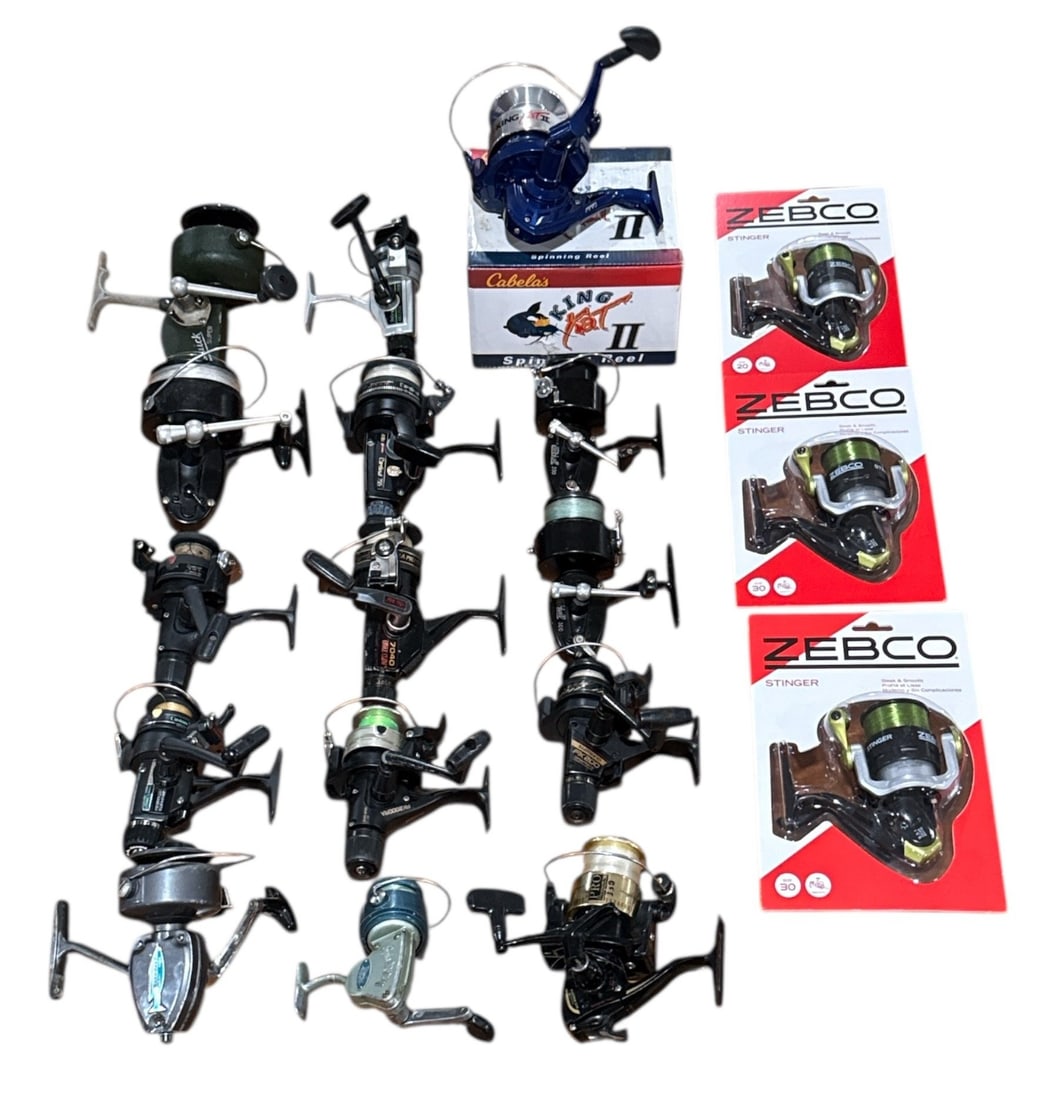 Collection Open Face Fishing Reels SHIMANO, MITCHELL GARCIA, 18 Pcs.: Includes new old stock Zebco Stinger reels, , assorted Shimano reels, Hurricane, and a few Garcia Mitchell reels, DAIWA. Largest reel is approx. 7" H x 4"W x 7" D.