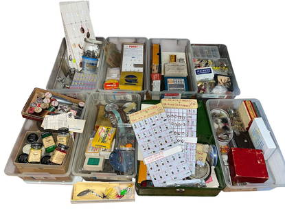 Large Collection Vintage Fishing Accessories and Lure Making Supplies: Includes Herter's radiant color lacquer paint in their original box, hooks, fishing tackle, weights, jigs, etc. Various sizes and shapes.