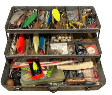 Vintage Tackle Box and Fishing Lures, RAPALA: Includes original Rapala Finland, Salmon Slayers, weights, etc. Tackle box measures 6.5" H not including handle x 16" W x 7"D.