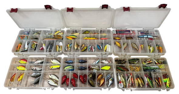 Large Collection Assorted Fishing Lures, RAPALA, MATZUO, SALMO: Includes Storm, Rapala, Matzuo, Salmon and more. Largest lure measures 7" L x 1" W x 1" D.