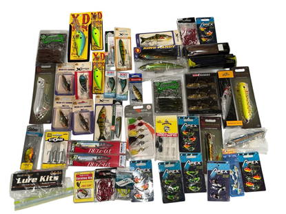 40+ Pcs NOS Fishing Lures, Jig Heads, & Hooks: Includes variety of lures, lure kits, jig heads, & poppers. Largest lure measures approx. 6" H x 1" W x 1" D.