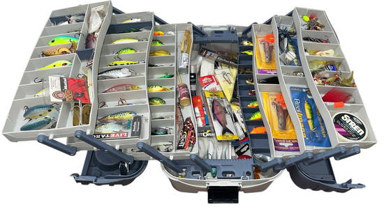 Vintage Fishing Lures, Accessories, and Tackle Box: Includes various lures such as Storm, Matzou, Livingston Lures, beer can bobbers, bait, hooks fishing line, etc. Tackle box measures 10" H x 20" W x 11" D.