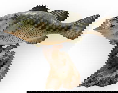 Vintage Largemouth Bass Fish Sculpture: 14" H x 19" W x 5" D. Faux largemouth bass fish mount.
